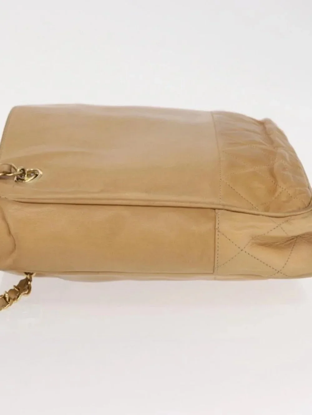 CHANEL Chain Matelasse Shoulder Bag Lamb Skin Beige Gold CC Auth gh1553